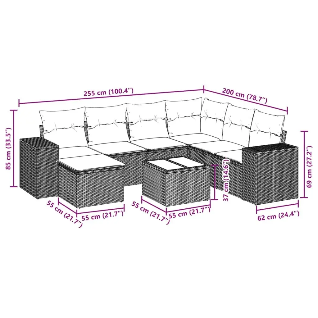Outdoor Sofa Set 8 Piece Modular Black Poly Rattan Seating with Cushions and Tempered Glass Table for Patio and Garden