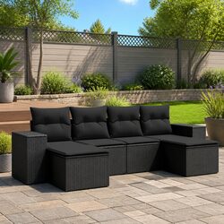 Garden Sofa Set 6 Piece Outdoor Furniture Black Poly Rattan Patio Lounge with