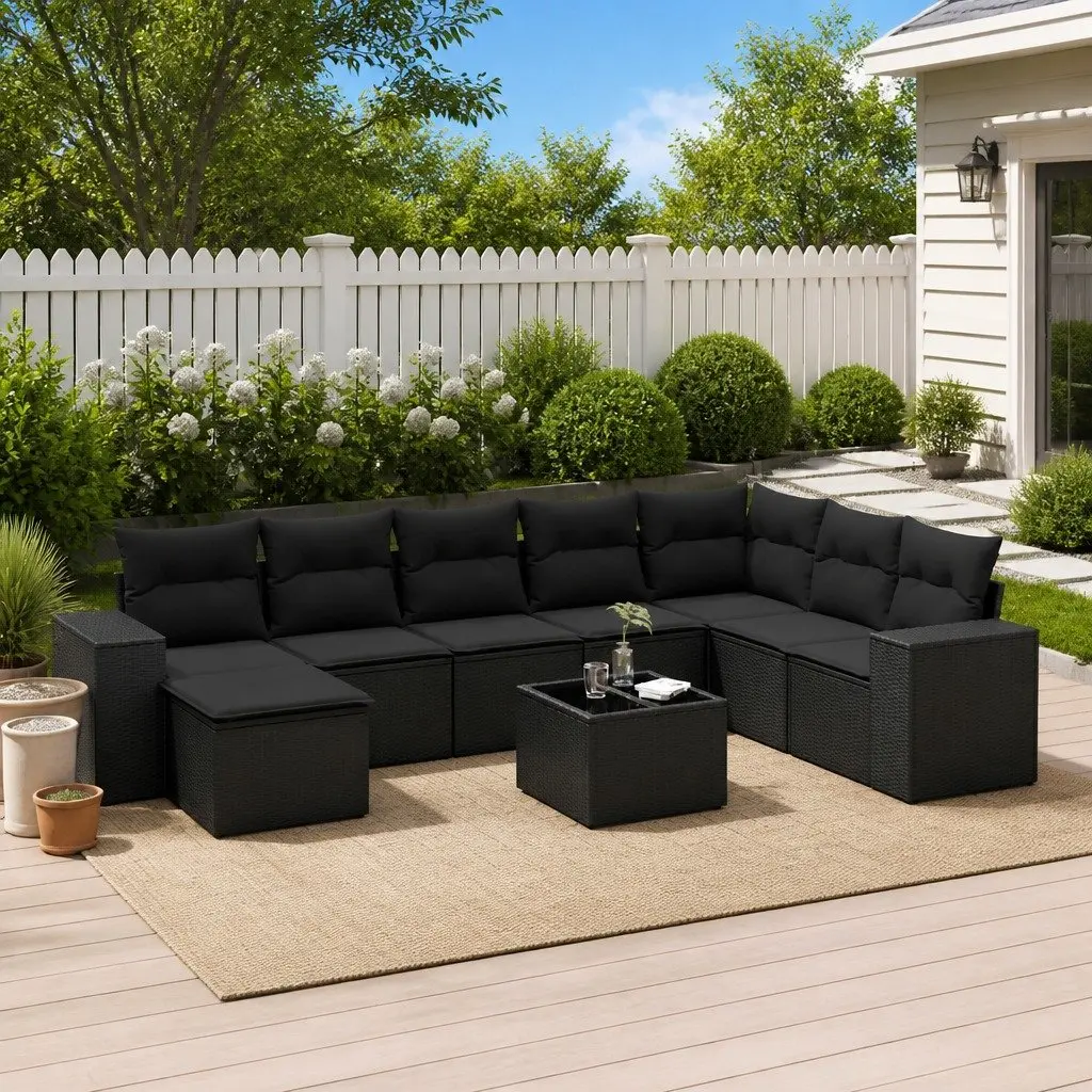 Garden Sofa Set 9 Piece Outdoor Furniture Patio Lounge Black Poly Rattan with
