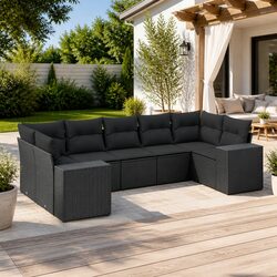 7 Piece Garden Sofa Set Specifications: Black Rattan Seating