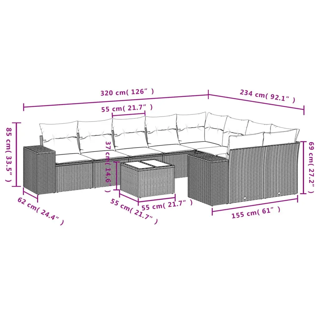 Garden Sofa Set Outdoor Furniture 10 Piece Grey Poly Rattan Patio Seating