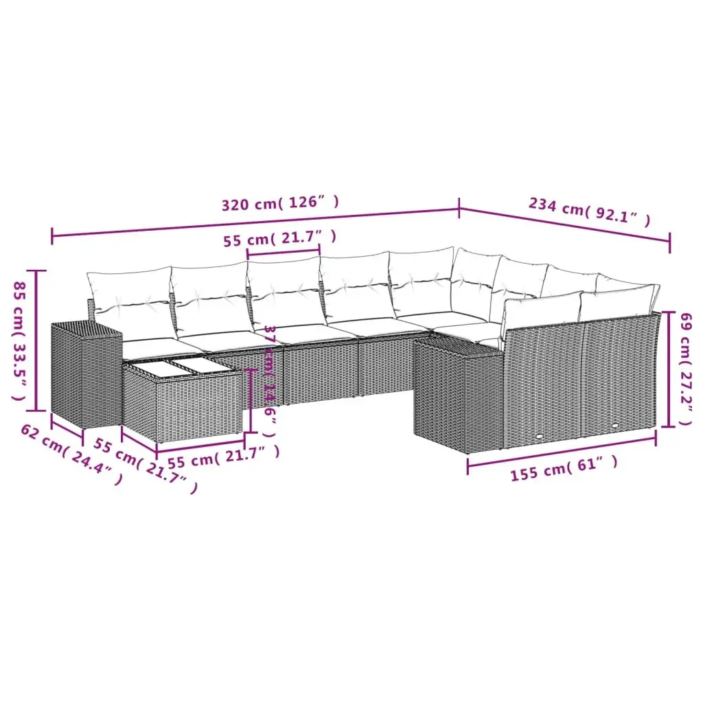 Garden Sofa Set Outdoor Furniture Modular Black PE Rattan 10 Piece