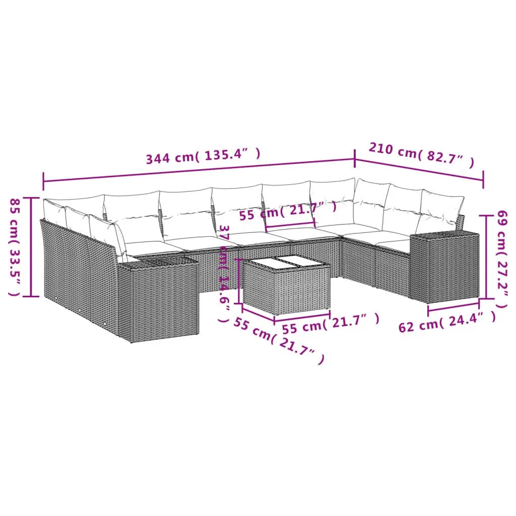 Garden Sofa Set Outdoor Furniture Modular 11 Piece Grey Poly Rattan