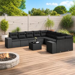 Garden Sofa Set 11 Piece Outdoor Furniture Patio Lounge Black Poly Rattan