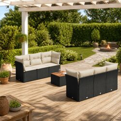 7 Piece Garden Sofa Set: PE Rattan, Acacia Wood, Black