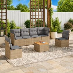 7-Piece Outdoor Garden Sofa Set: Beige Rattan & Acacia Wood
