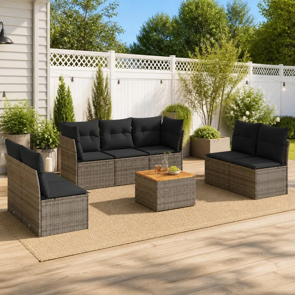 8 Piece Modular Outdoor Sofa Set for Garden and Patio in Grey Poly Rattan with Cushions and Acacia Wood Table Top