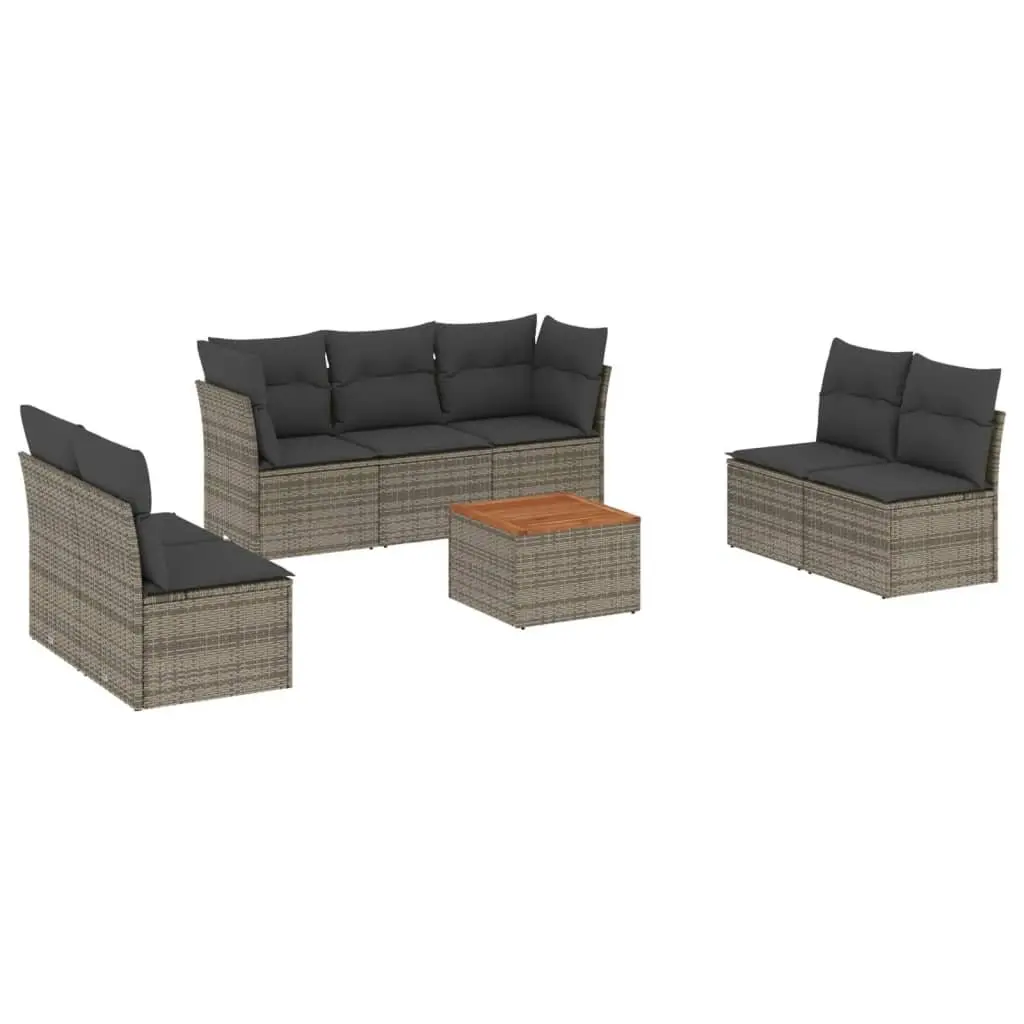 8 Piece Modular Outdoor Sofa Set for Garden and Patio in Grey Poly Rattan with Cushions and Acacia Wood Table Top