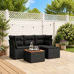Outdoor Garden Sofa Set 5 Piece Black Poly Rattan Patio Furniture with Cushions