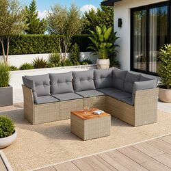 7-Piece Garden Sofa Set - Beige Poly Rattan with Cushions