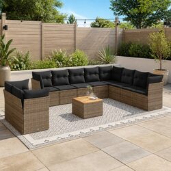Garden Sofa Set - 11 Pieces, Grey Cushions, PE Rattan