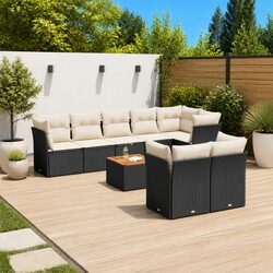 9 Piece Garden Sofa Set - Black Poly Rattan & Acacia Wood