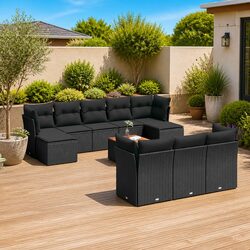 Garden Sofa Set - 11 Pieces, Black PE Rattan & Acacia Wood