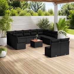 12 Piece Outdoor Garden Sofa Set with Cushions Black Poly Rattan Patio Furniture