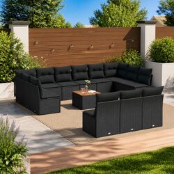 14 Piece Outdoor Sofa Set with Black Cushions and Table