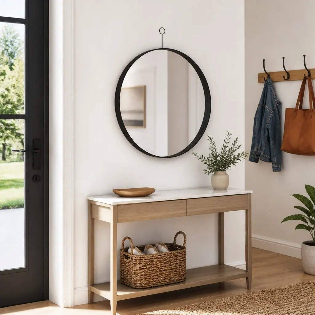 Hanging Wall Mirror Home Use Black Round 50cm Diameter