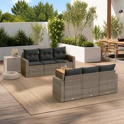 7 Piece Outdoor Garden Sofa Set with Cushions Grey Poly Rattan Patio Furniture