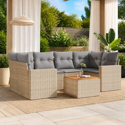 7 Piece Outdoor Sofa Set: Beige PE Rattan with Acacia Top
