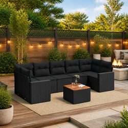 Garden Sofa Set 8 Piece Outdoor Furniture Black Poly Rattan Patio Lounger with