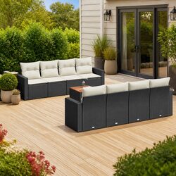 9-Piece Outdoor Sofa Set with Black Poly Rattan and Wood