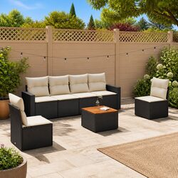 7 Piece Garden Sofa Set Outdoor Patio Furniture with Cushions Black Poly Rattan