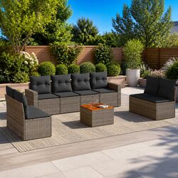 9 Piece Modular Garden Sofa Set with PE Rattan and Acacia Wood