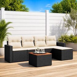 6 Piece Outdoor Garden Sofa Set with Cushions Black Poly Rattan Patio Furniture