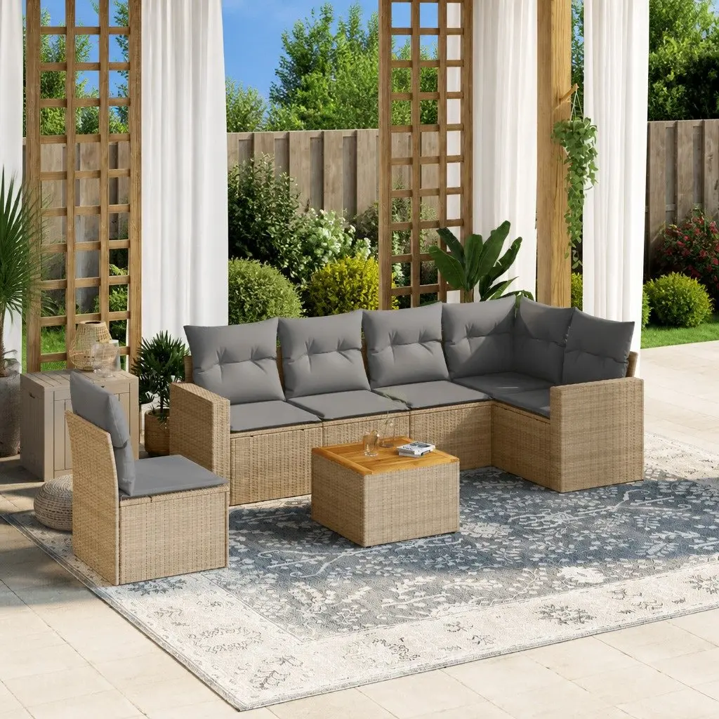 Outdoor Garden Sofa Set 7 Piece Beige Poly Rattan Patio Furniture