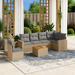 Outdoor Garden Sofa Set 7 Piece Beige Poly Rattan Patio Furniture with Cushions