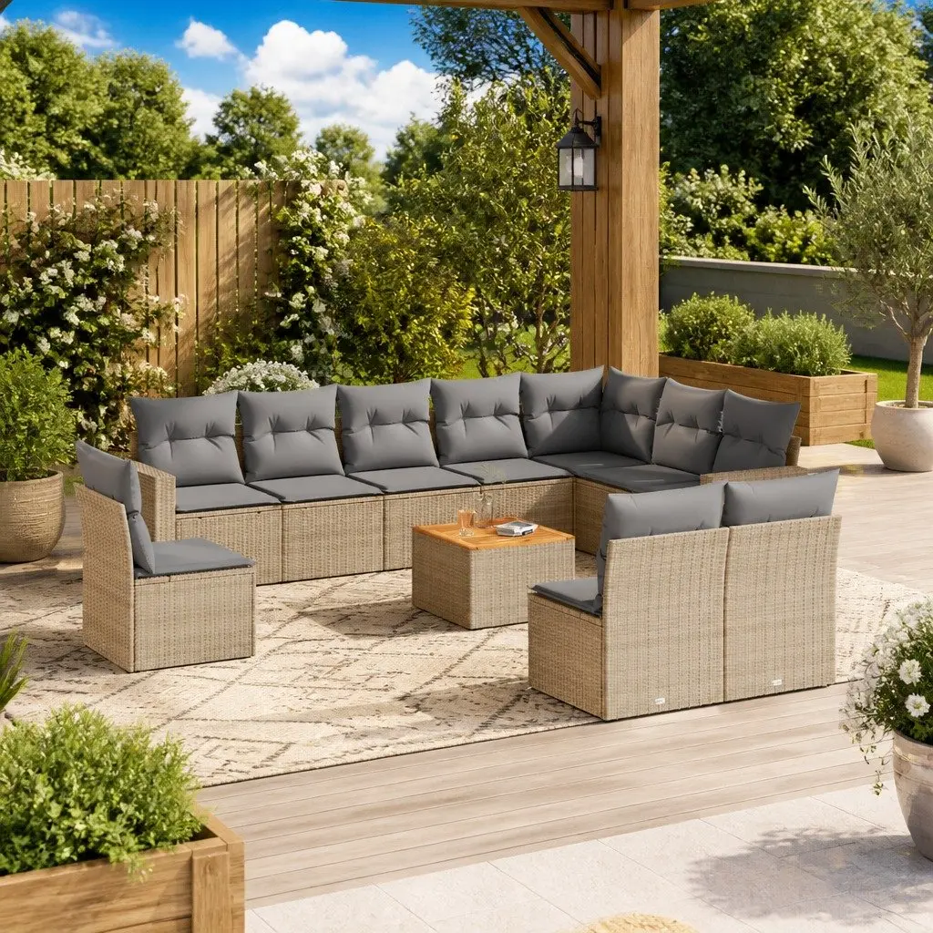 Garden Sofa Set Outdoor Furniture 11 Piece Beige Poly Rattan with Cushions Patio