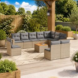 11 Piece Modular Outdoor Sofa Set – Beige Poly Rattan