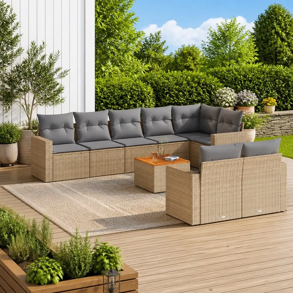 9 Piece Garden Sofa Set in Beige with Acacia Table