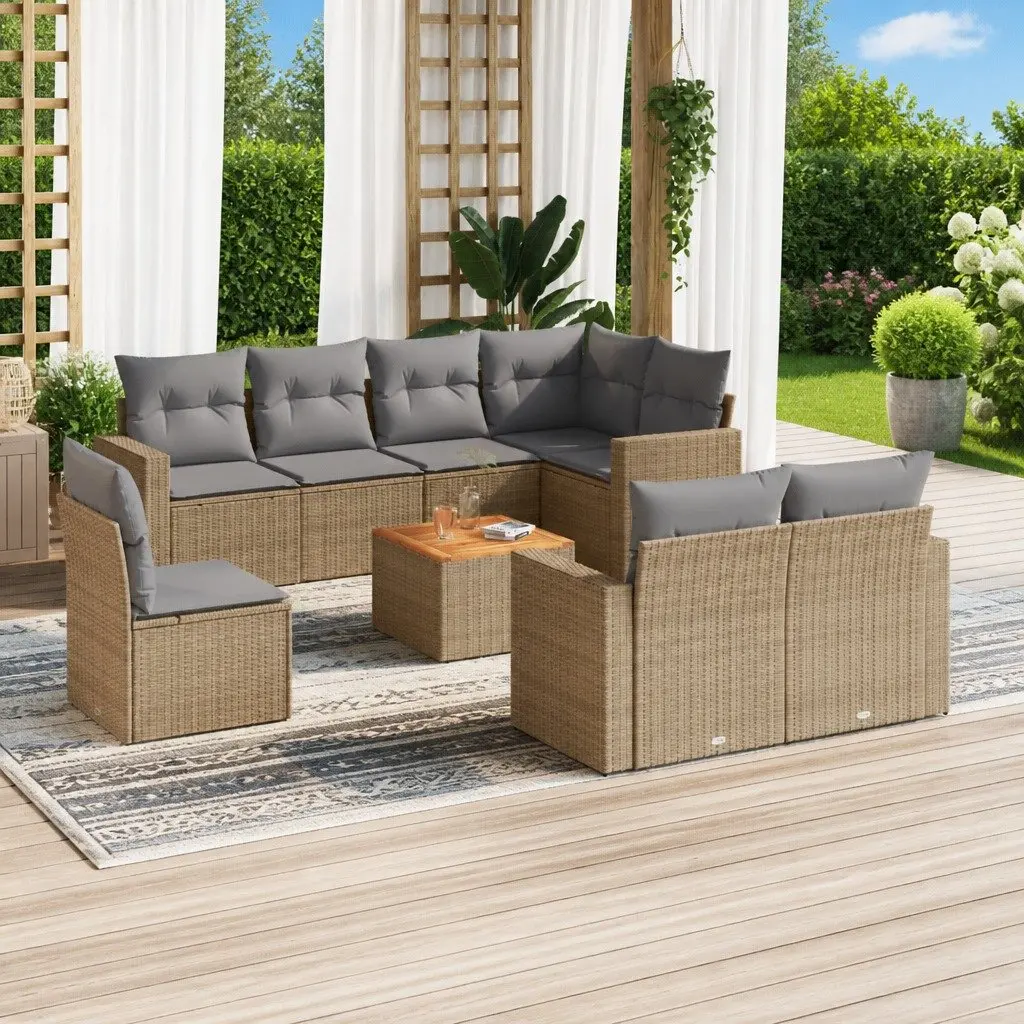 Garden Sofa Set 9 Piece Outdoor Furniture Beige Poly Rattan Modular Patio Lounge