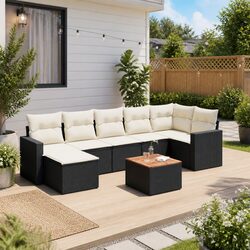 8-Piece Sectional Sofa Set: Black Poly Rattan & Acacia Wood
