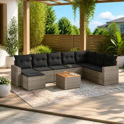 9 Piece Outdoor Garden Sofa Set with Cushions Grey Rattan Patio Furniture