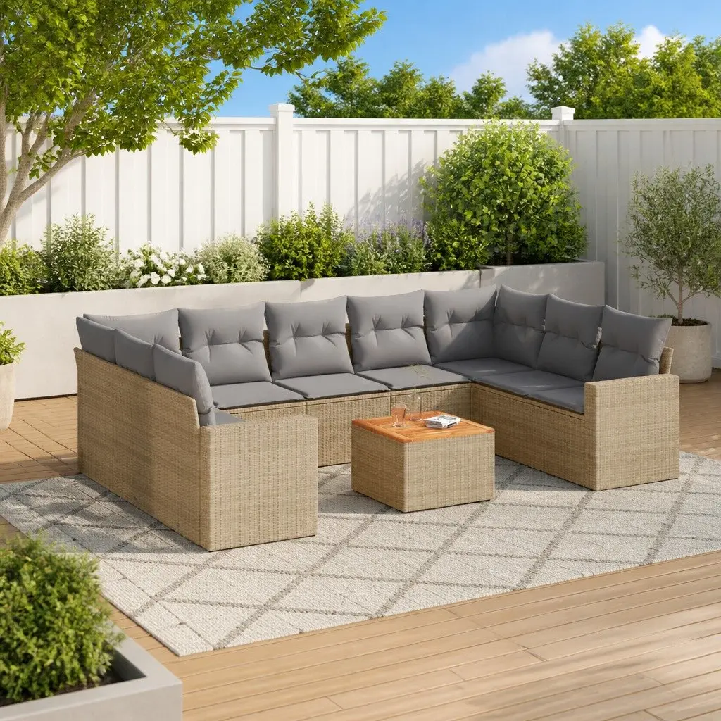 10 Piece Outdoor Sectional Sofa Set for Garden Beige Poly Rattan