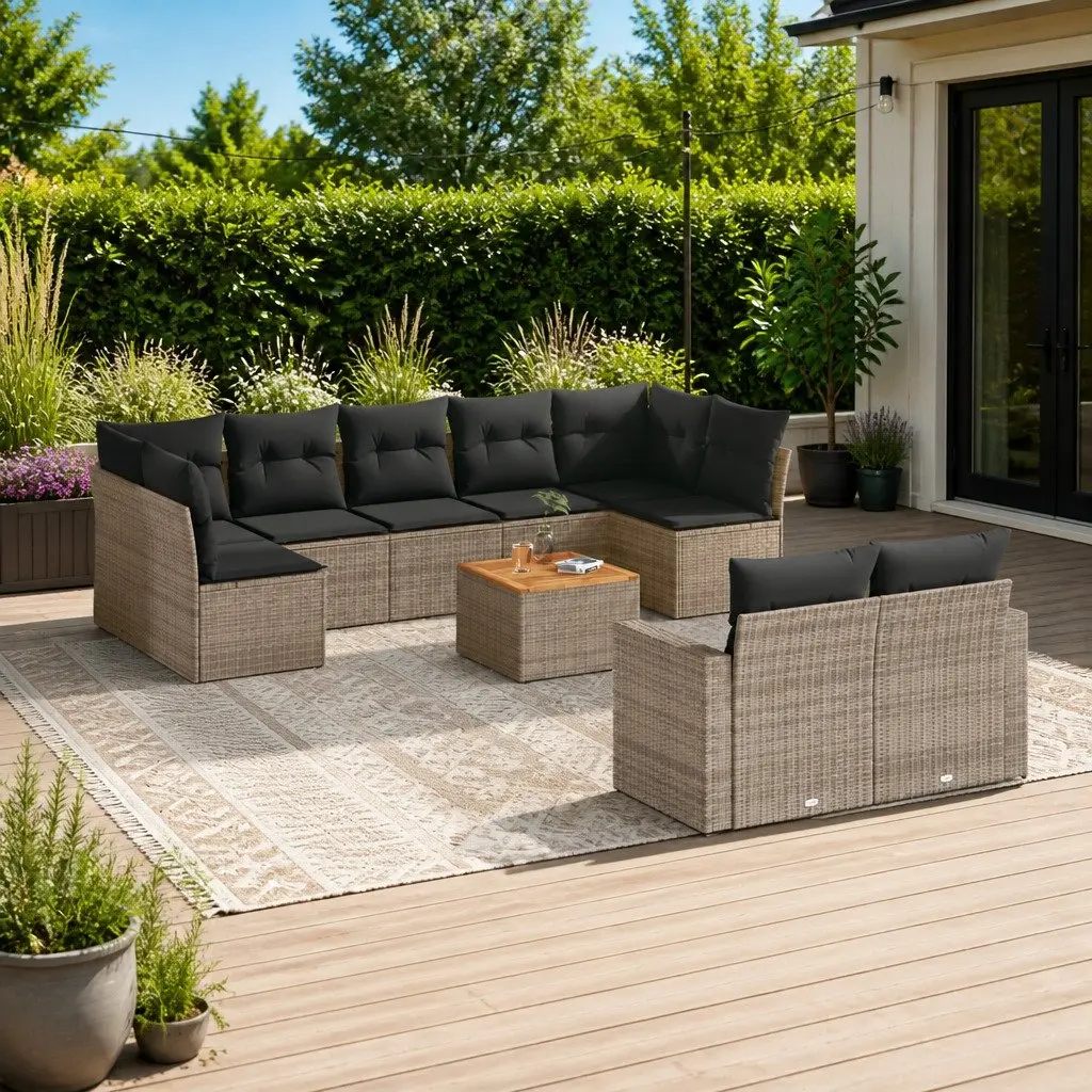 10 Piece Garden Outdoor Sofa Set Grey Poly Rattan with Acacia Wood Table and Cushions for Patio or Backyard