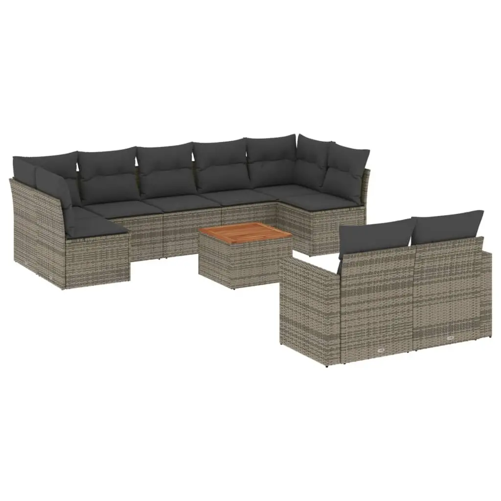 10 Piece Garden Outdoor Sofa Set Grey Poly Rattan with Acacia Wood Table and Cushions for Patio or Backyard