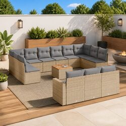 Outdoor Sectional Sofa Set 14 Piece Garden Furniture Beige Poly Rattan Cushions