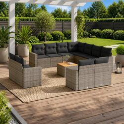 Outdoor Sectional Sofa Set 12 Piece Garden Furniture Grey Poly Rattan with