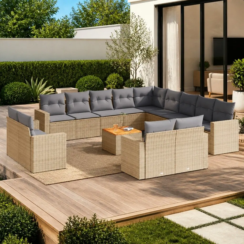 Outdoor Sectional Sofa Set 14 Piece Garden Furniture Beige Poly Rattan