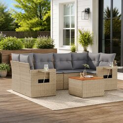 Outdoor 7-Piece Sofa Set: Beige Rattan & Acacia Wood