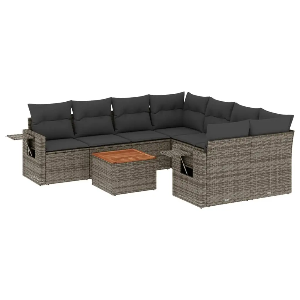 9 Piece Grey Modular Outdoor Sofa Set for Garden Patio with Removable Cushions and Foldable Side Table Poly Rattan Furniture