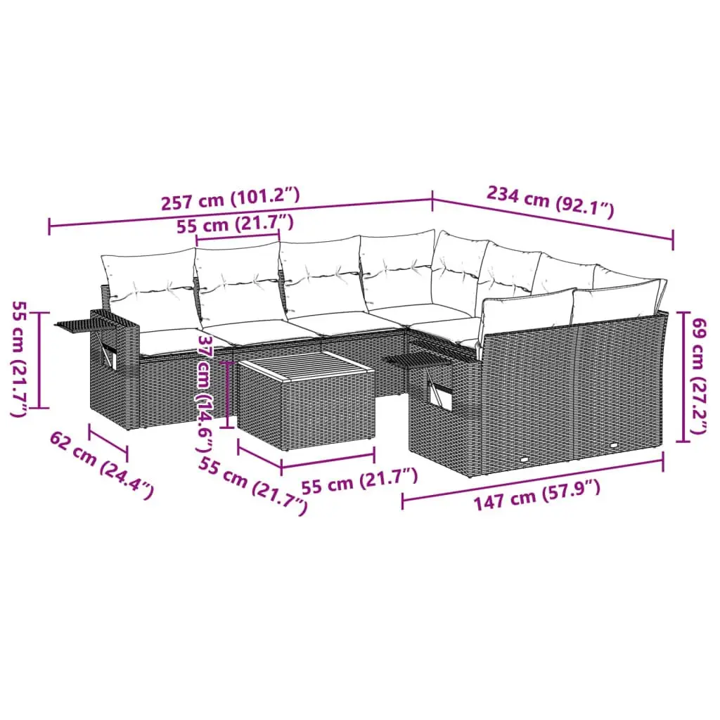 9 Piece Grey Modular Outdoor Sofa Set for Garden Patio with Removable Cushions and Foldable Side Table Poly Rattan Furniture
