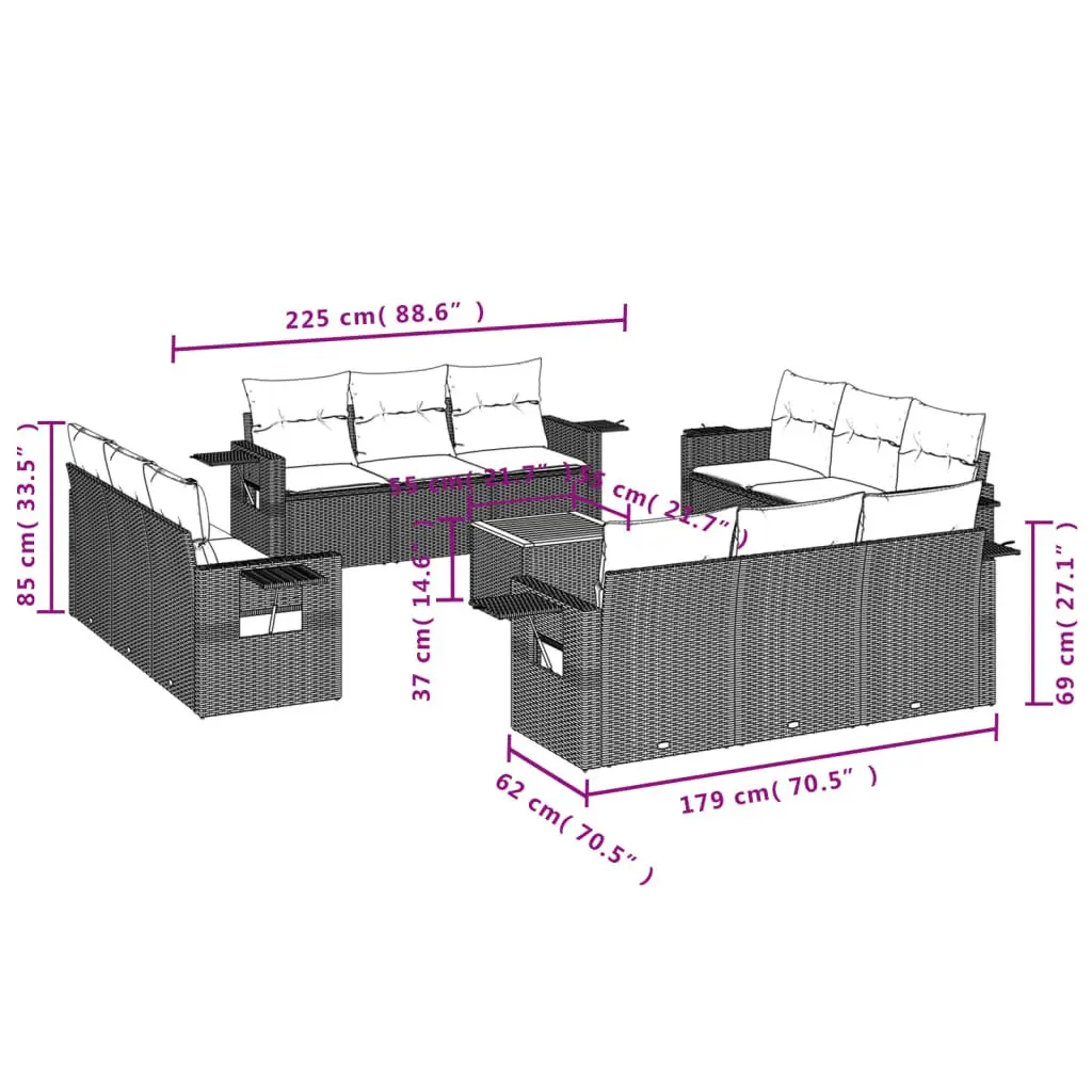 Outdoor Sectional Sofa Set for Patio 13 Piece Grey Poly Rattan Garden Furniture