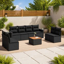 9 Piece Outdoor Sectional Sofa Set - Black Rattan and Acacia Wood Construction