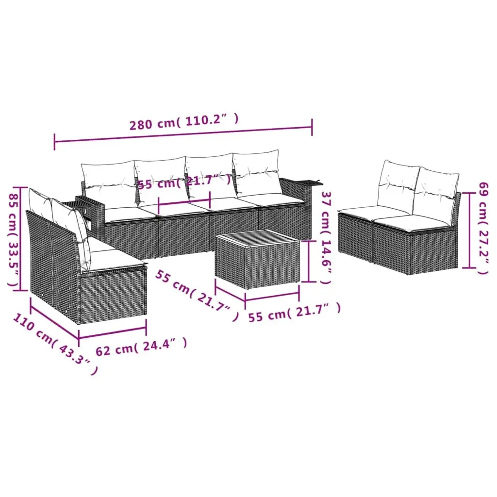 Outdoor Sectional Sofa Set Grey 9 Piece Poly Rattan Garden Furniture