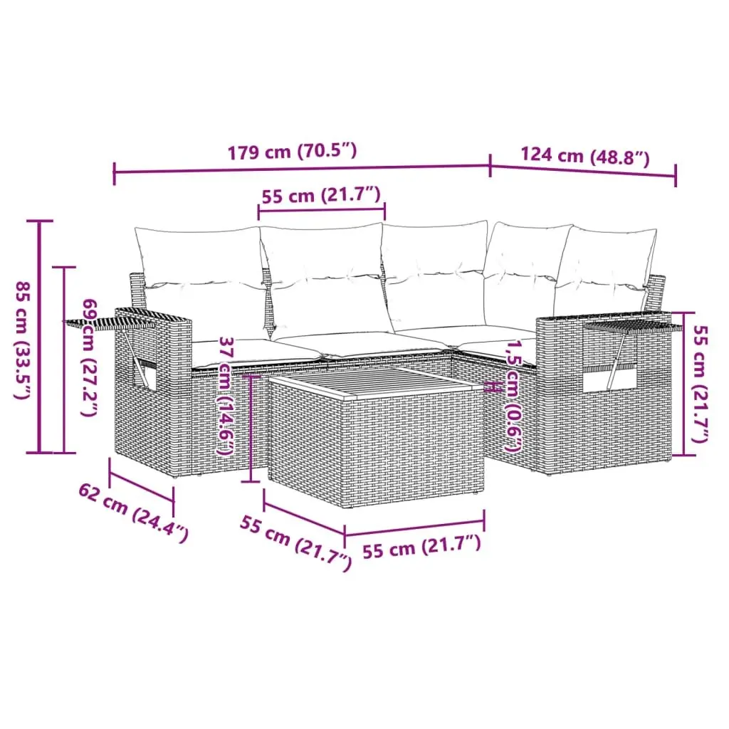 Outdoor Sectional Sofa Set 5 Piece Garden Furniture Grey Poly Rattan with