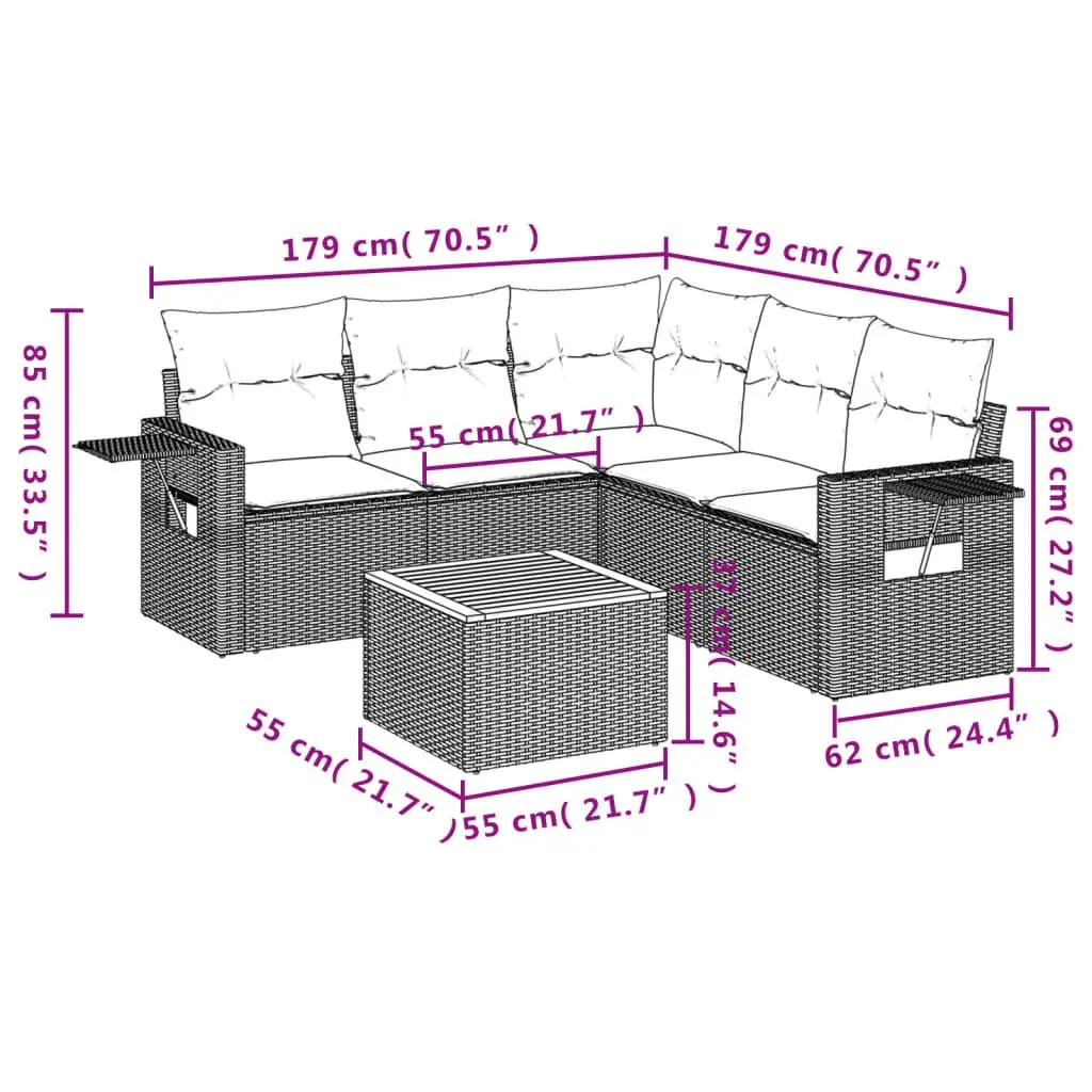 6-Piece Grey Outdoor Sectional Sofa Set