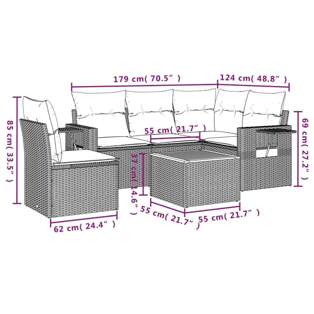 Outdoor Sectional Sofa Set 6 Piece Patio Garden Furniture Grey Poly Rattan